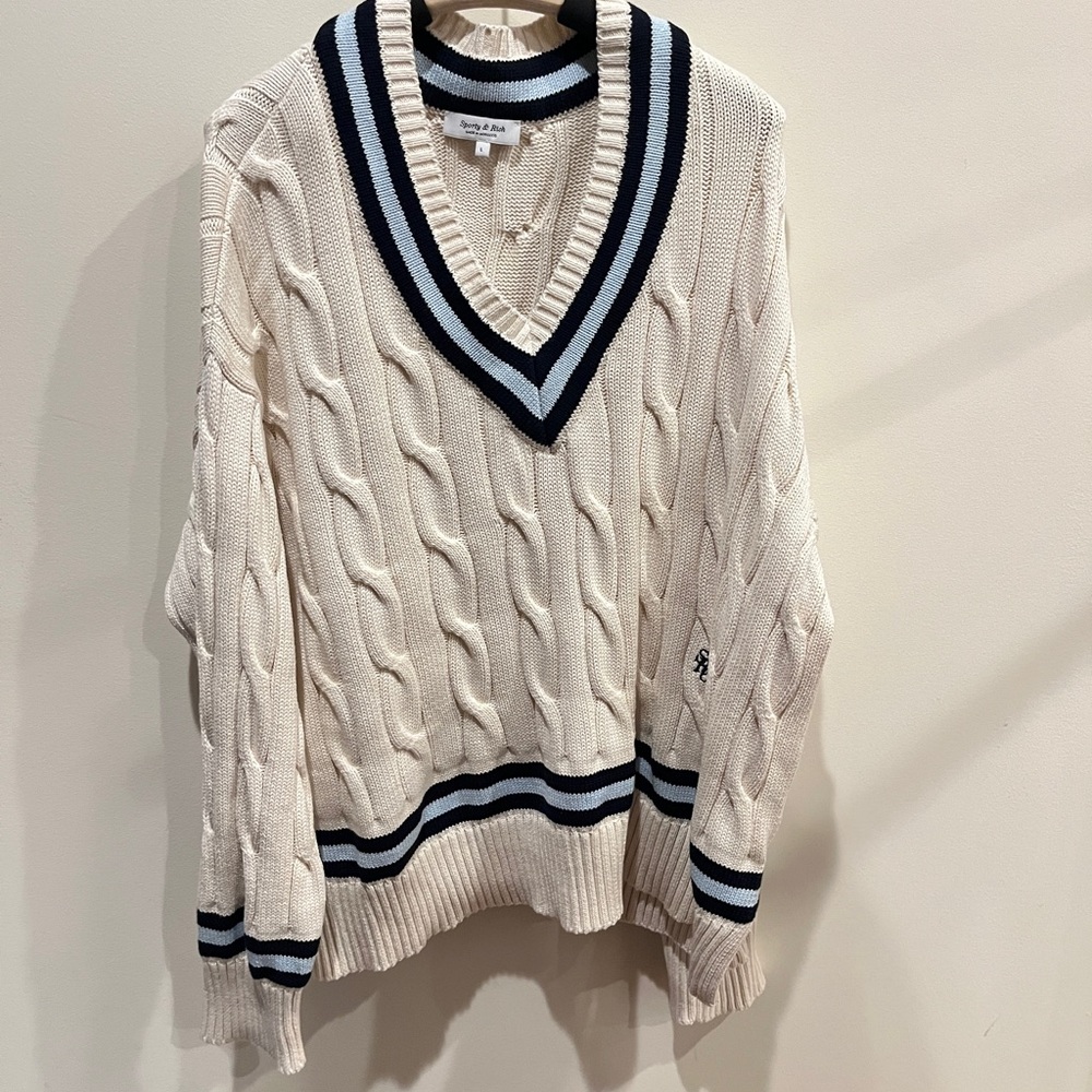 Sporty & Rich Cream V-Neck Sweater with Black and Blue Stripes limit edition